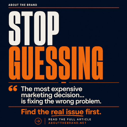 "Stop Guessing" graphic promoting the idea that understanding the real business problem before choosing a marketing solution leads to better results.
