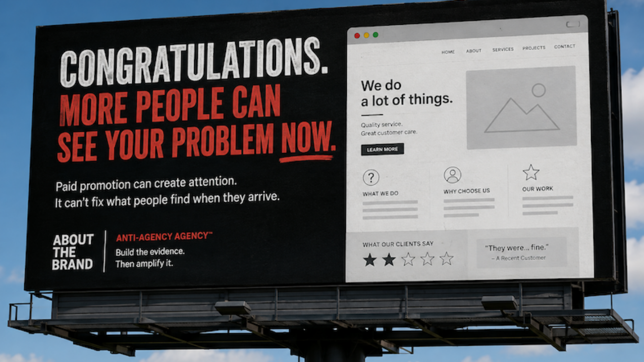 billboard shows a generic website and text on the left that says. "Congratulations, the people can see your problem now."