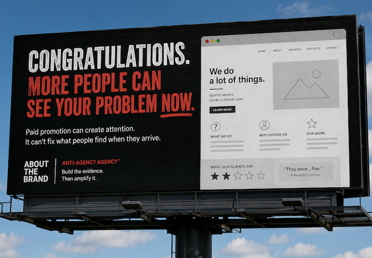 billboard shows a generic website and text on the left that says. "Congratulations, the people can see your problem now."