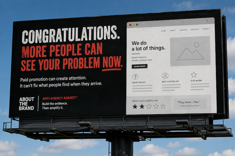 billboard shows a generic website and text on the left that says. "Congratulations, the people can see your problem now."